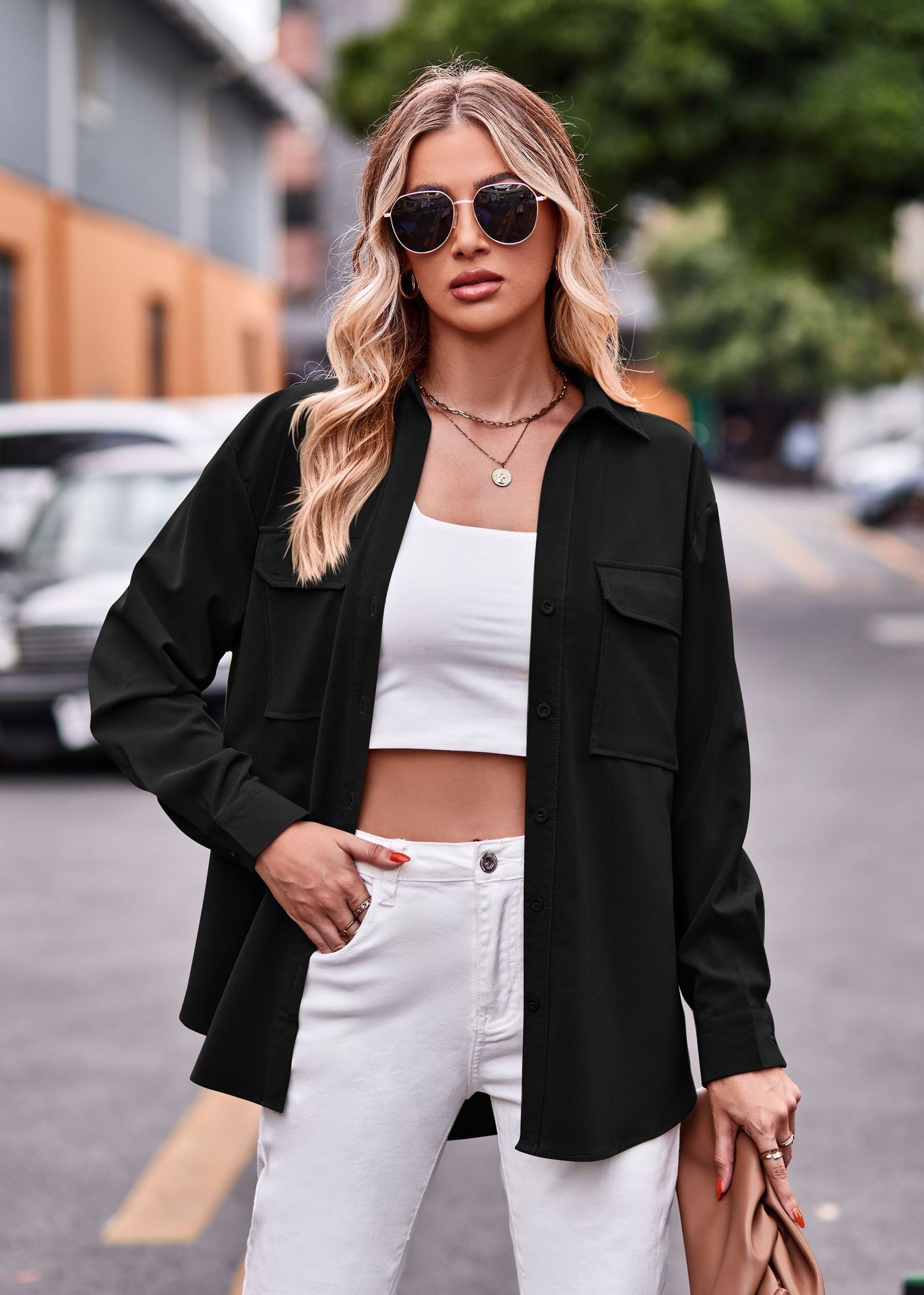 Casual fashion double pocket loose long sleeve 20 01