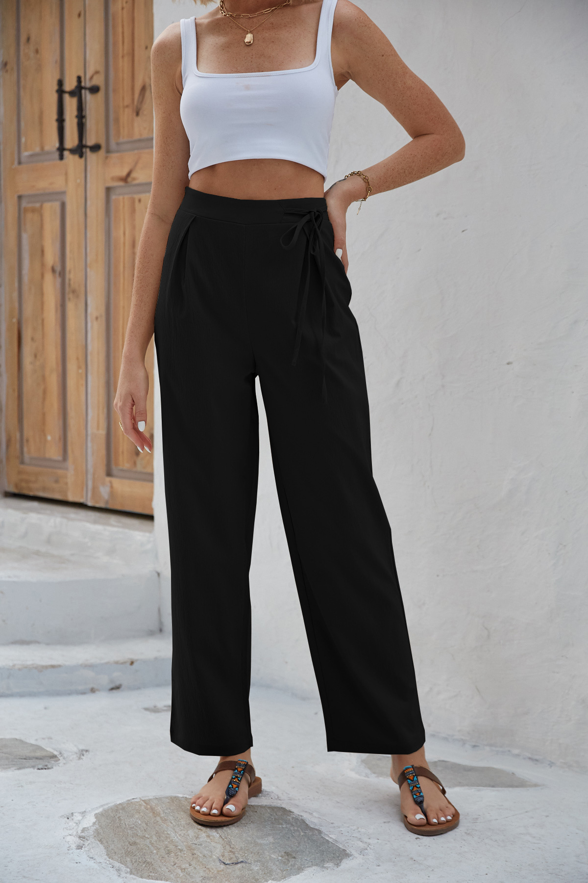 Draped high waist drawstring wide-leg trousers 36