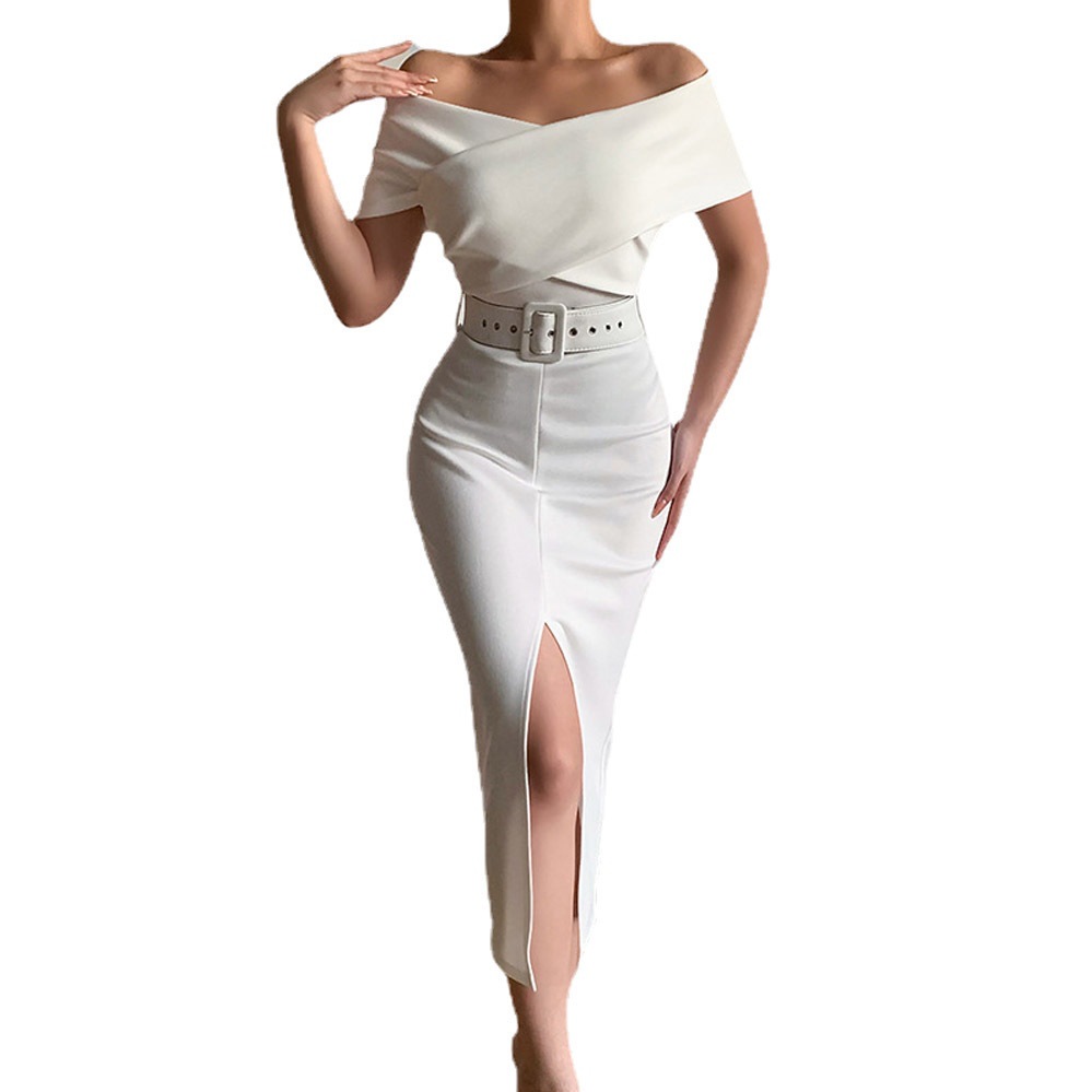 Elegant off-the-shoulder belted slit skirt 1 01