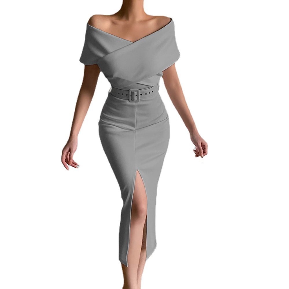 Elegant off-the-shoulder belted slit skirt 1