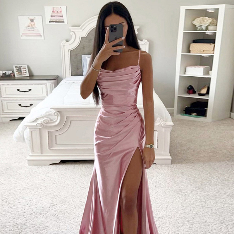 Gathered satin gown with slits 11 01