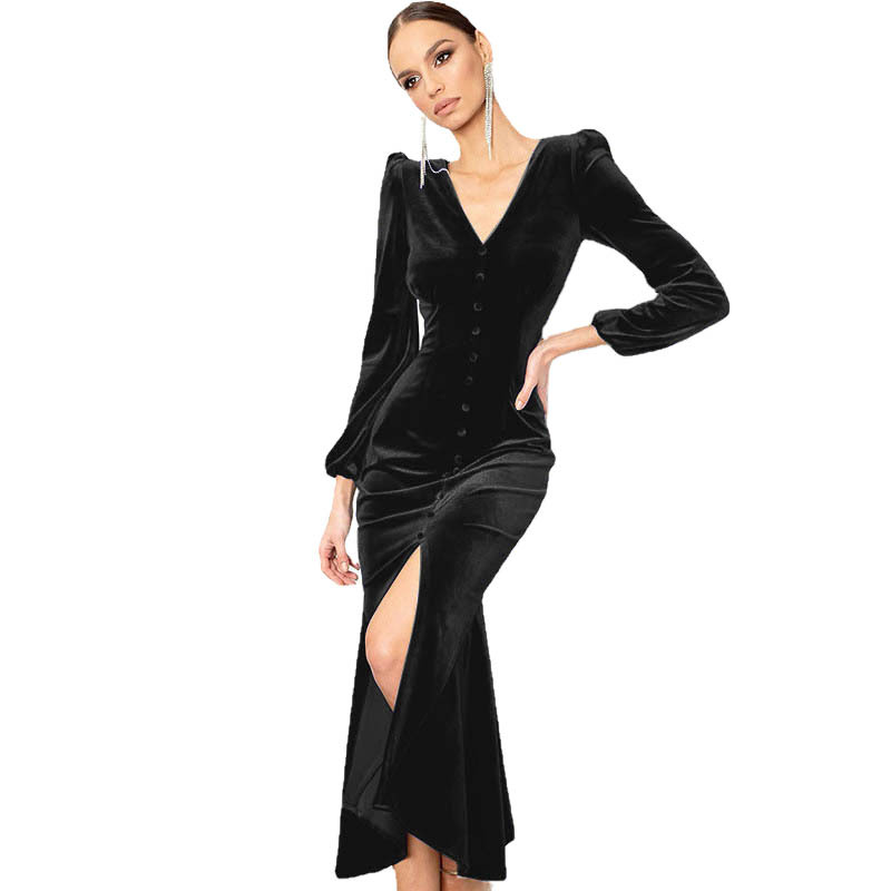 Knitted V-neck padded shoulder dress 13