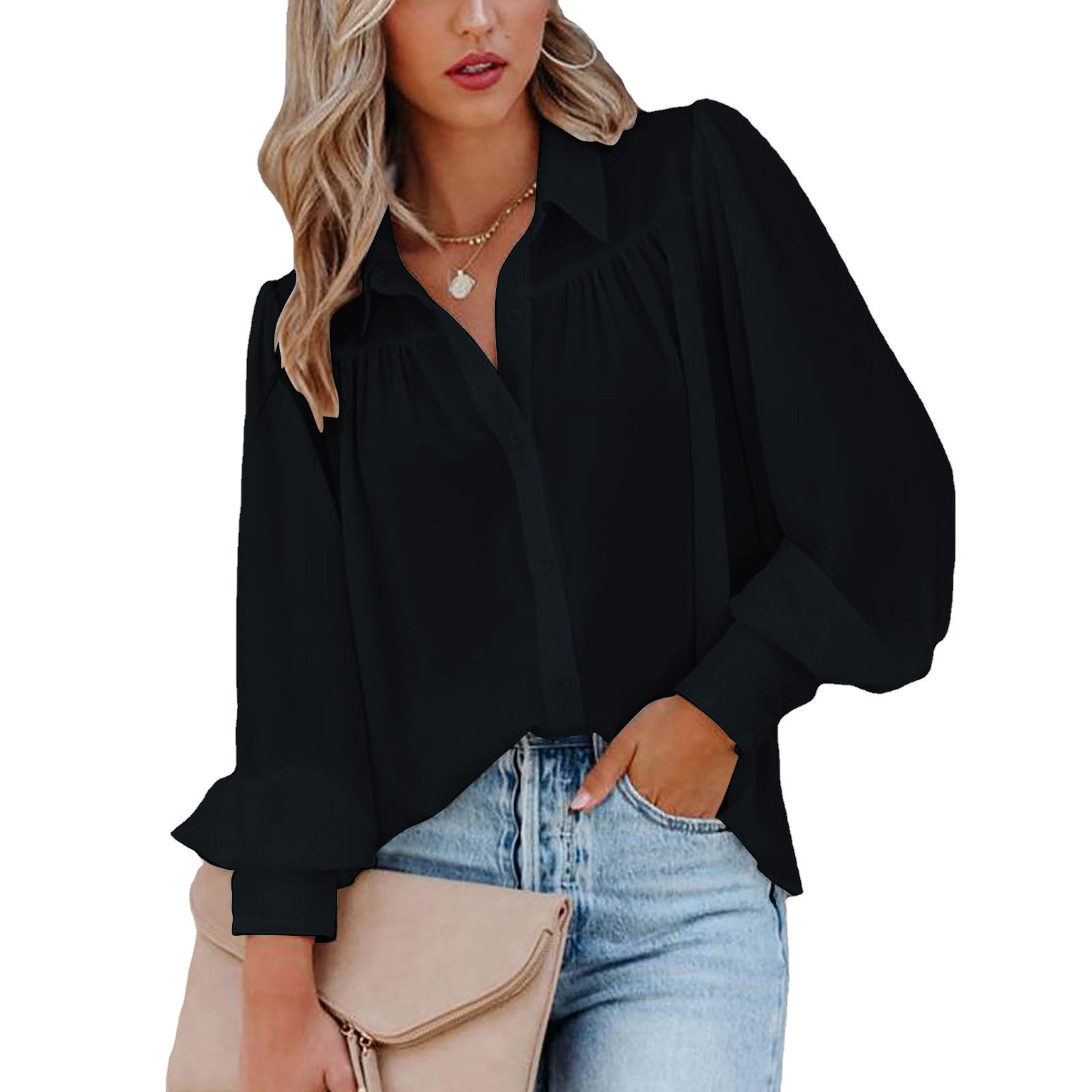 Lantern sleeve pleated stand collar loose shirt 18