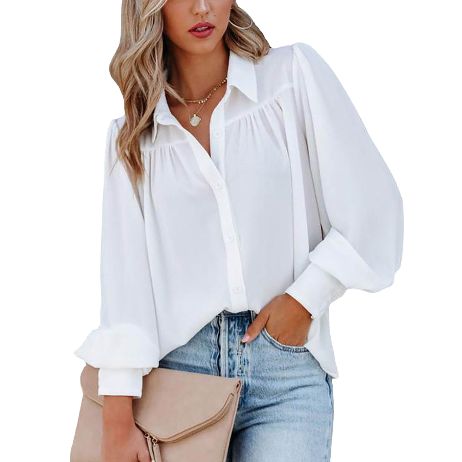 Lantern sleeve pleated stand collar loose shirt 18 01
