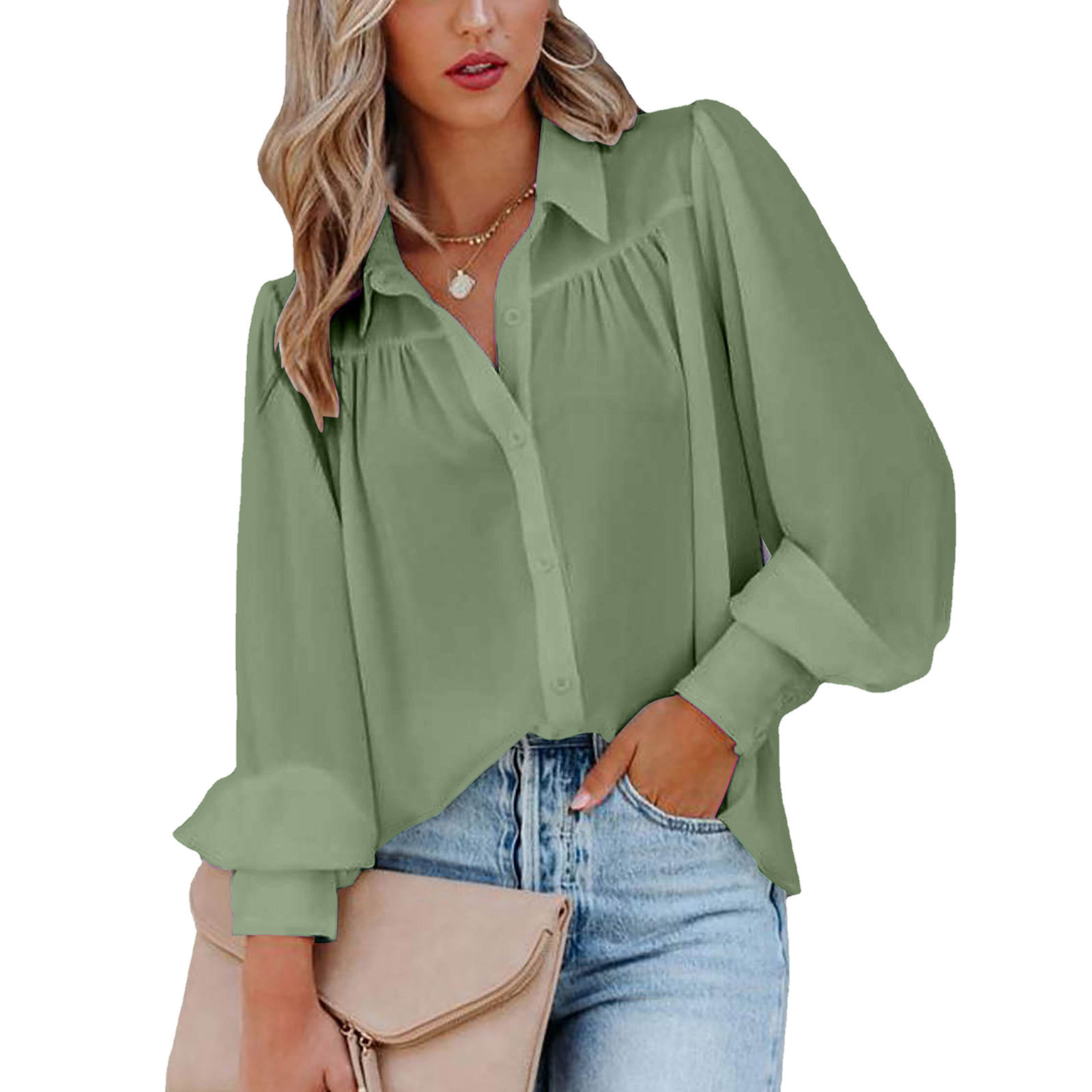 Lantern sleeve pleated stand collar loose shirt 18 02