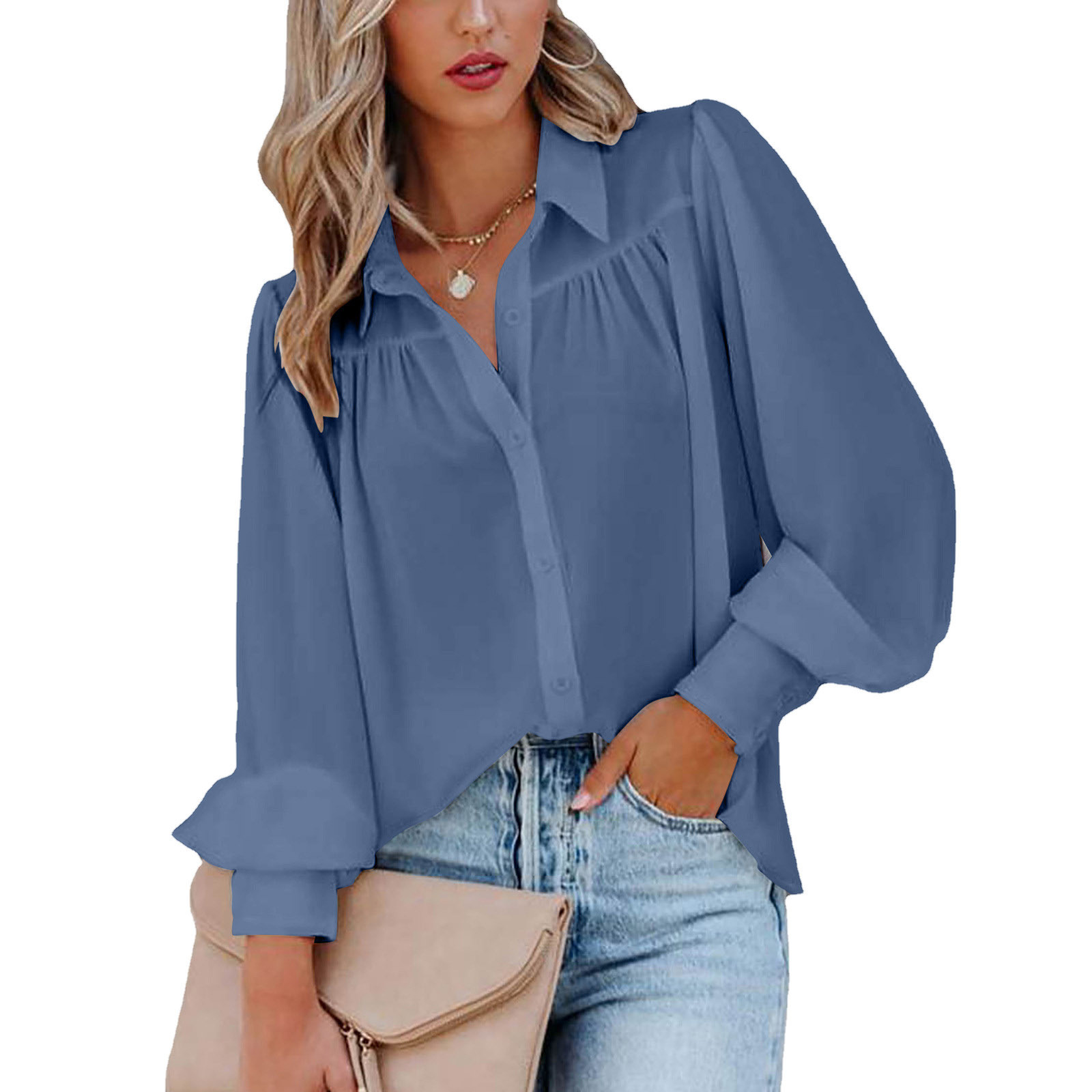 Lantern sleeve pleated stand collar loose shirt 18
