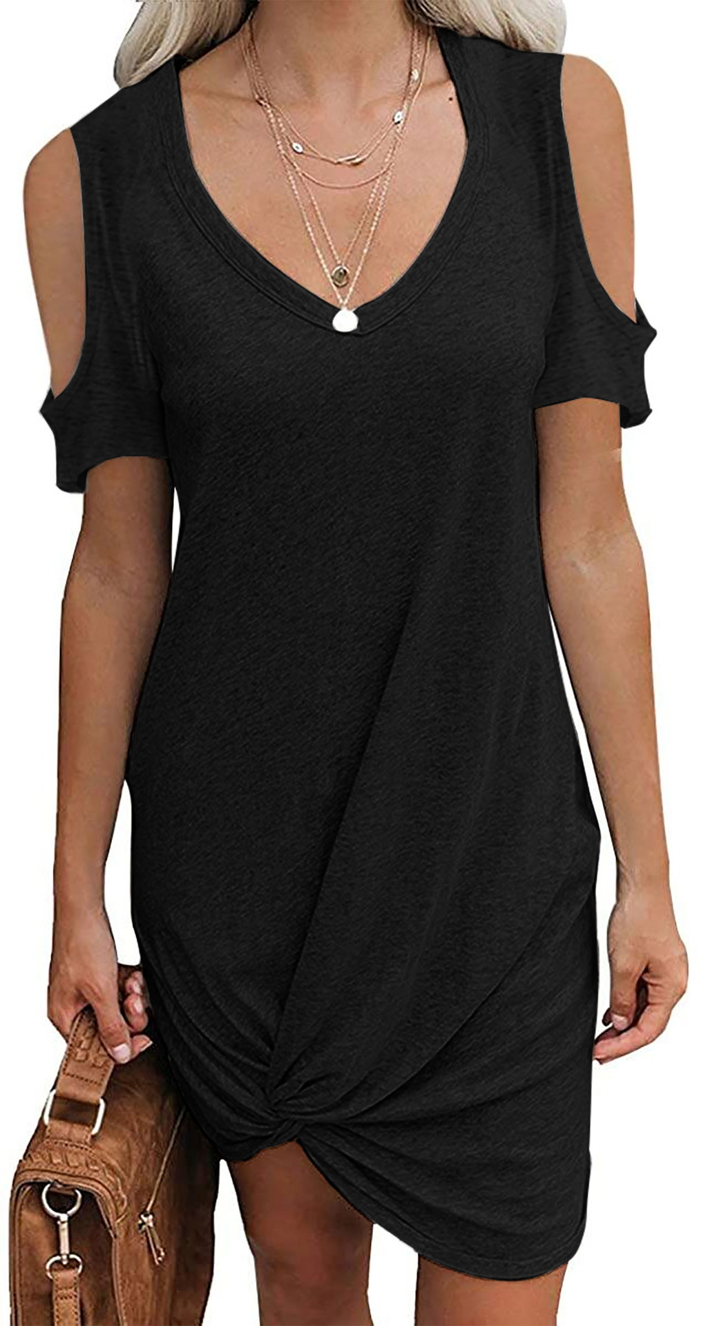 Solid Color Off Shoulder Twist T-Shirt Dress 5 01
