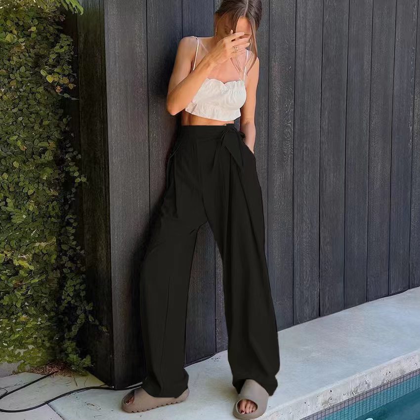 Straight high waist casual draped wide leg pants 38