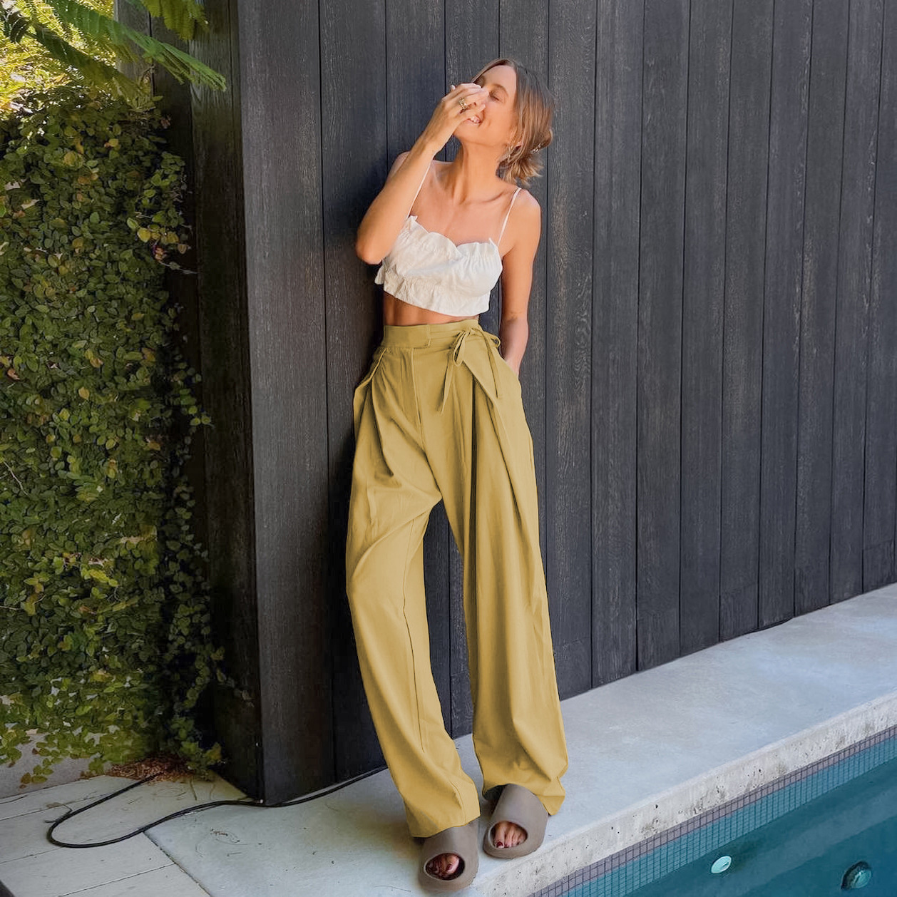 Straight high waist casual draped wide leg pants 38 01