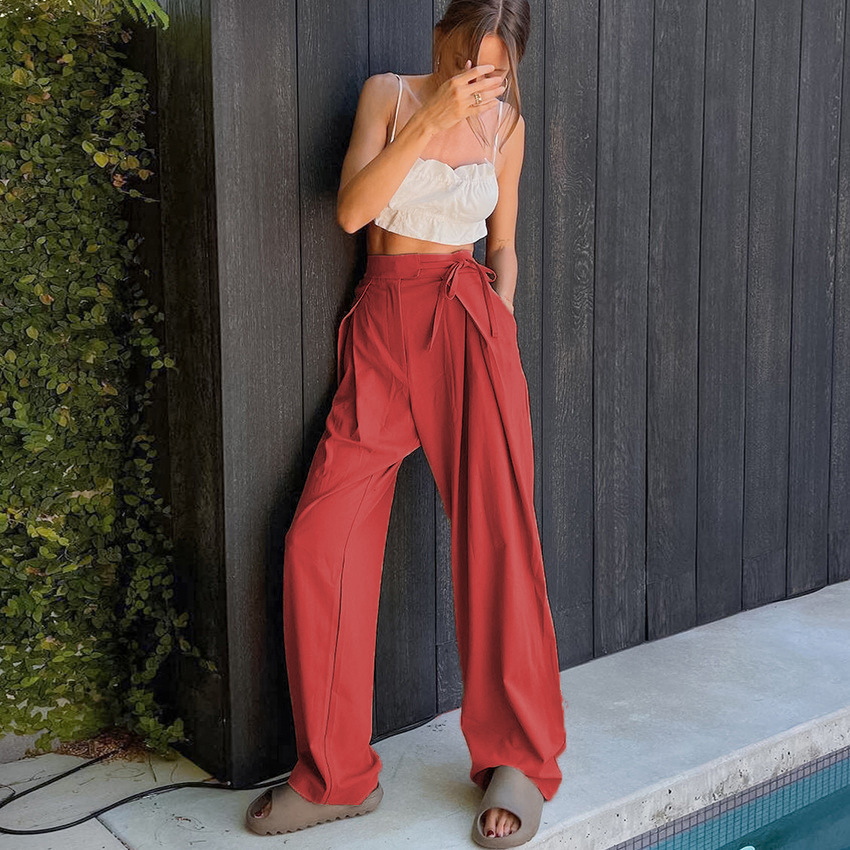 Straight high waist casual draped wide leg pants 38