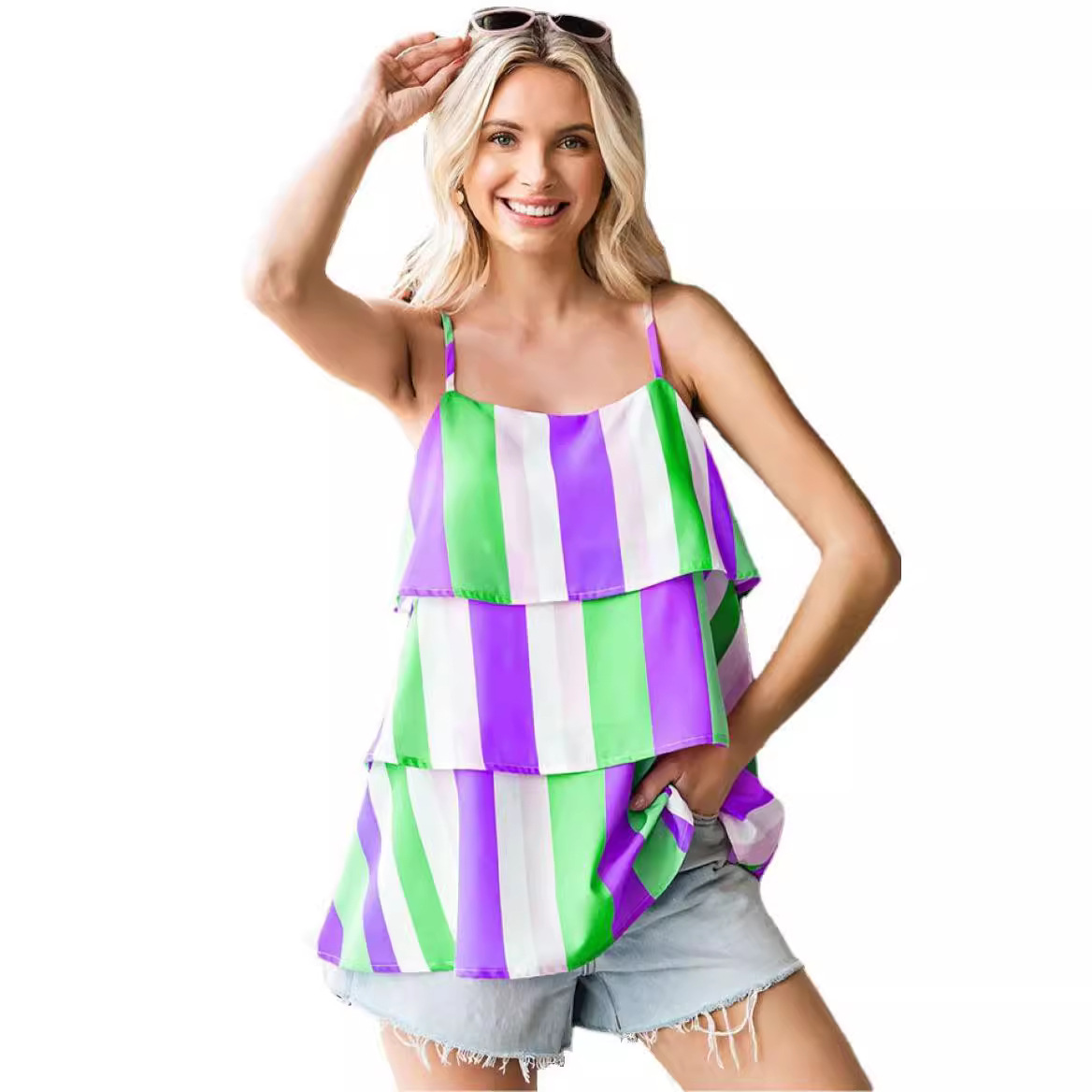Women's striped printed pleated layered tank top 28