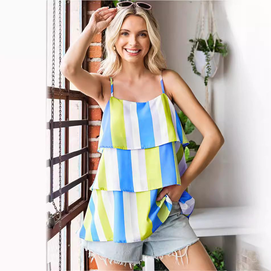 Women's striped printed pleated layered tank top 28 02