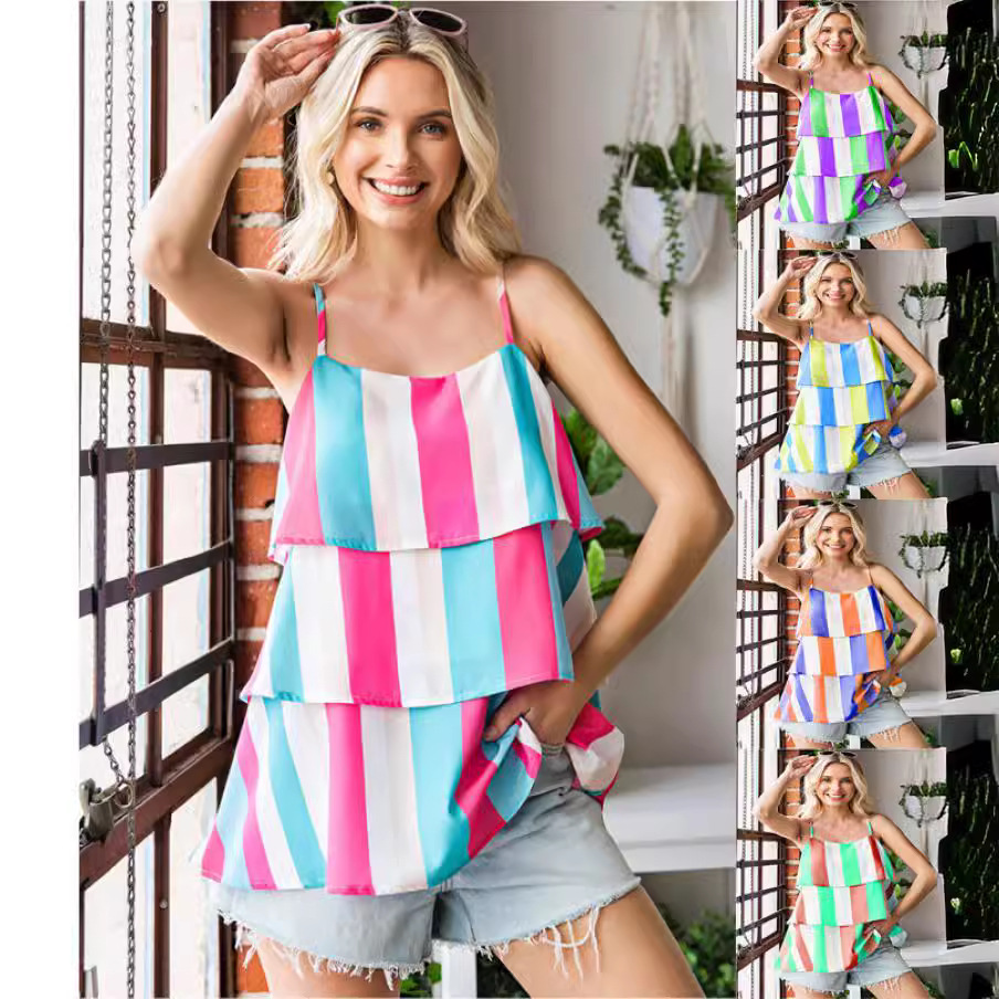 Women's striped printed pleated layered tank top 28 01