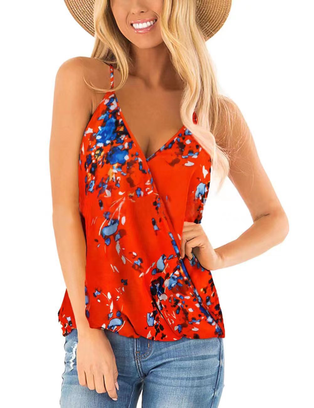 Women's V-neck printed pleated sleeveless top 27 01