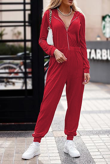 Hooded Long Sleeve Zip-Up Sports Jumpsuit 54 02