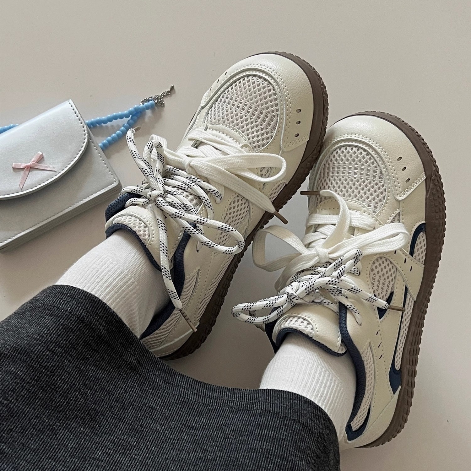 Double Mesh Skateboard Shoes Women Ugly Cute Spring Summer  Low Top Versatile Sports White Shoes